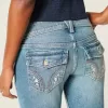 Blugi bootcut cu talie joasă, cu spălare medie, cu flori brodate Blugi bootcut cu talie joasă, cu spălare medie, cu flori brodate