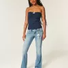 Blugi bootcut cu talie joasă, cu spălare medie, cu flori brodate Blugi bootcut cu talie joasă, cu spălare medie, cu flori brodate