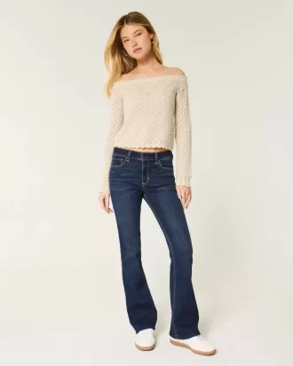 Blugi bootcut cu talie medie, spalat la culoare inchisa