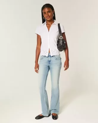 Blugi cu talie joasă, cu spălare medie, brodați Butterfly Bootcut