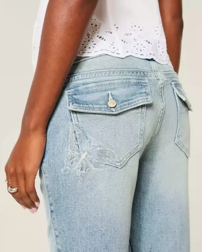 Blugi cu talie joasă, cu spălare medie, brodați Butterfly Bootcut Blugi cu talie joasă, cu spălare medie, brodați Butterfly Bootcut