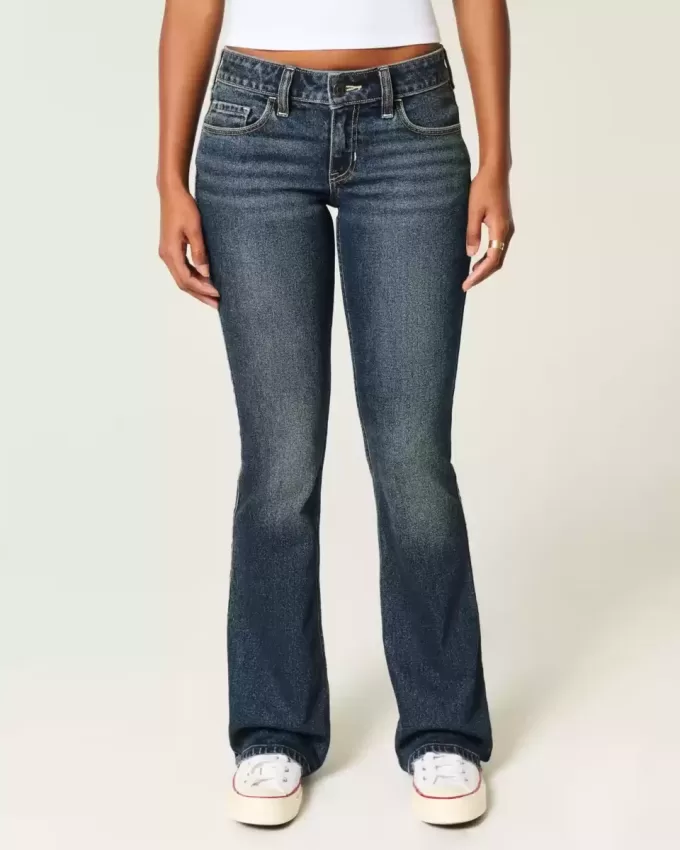 Blugi cu talie joasă, cu spălare închisă, brodați cu bootcut