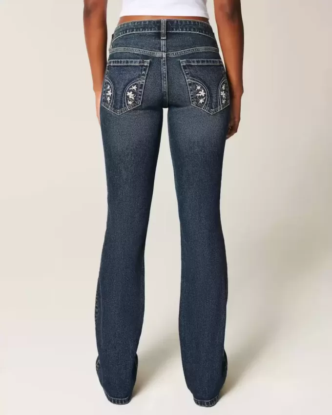 Blugi cu talie joasă, cu spălare închisă, brodați cu bootcut