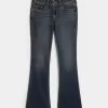 Blugi cu talie joasă, cu spălare închisă, brodați cu bootcut