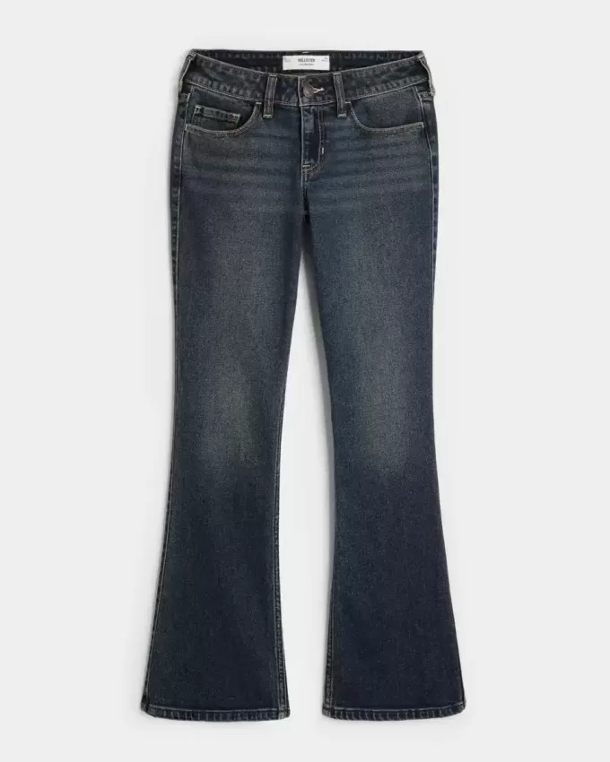 Blugi cu talie joasă, cu spălare închisă, brodați cu bootcut