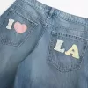 Blugi largi cu grafic Los Angeles, cu talie joasă, spalare medie