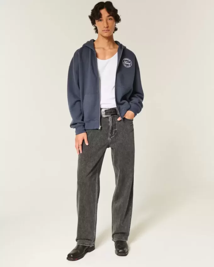 Blugi largi cu logo negru spalat Blugi largi cu logo negru spalat