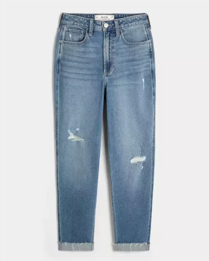 Blugi Mom cu spalare medie, cu talie ultra-înaltă, rupte Blugi Mom cu spalare medie, cu talie ultra-înaltă, rupte
