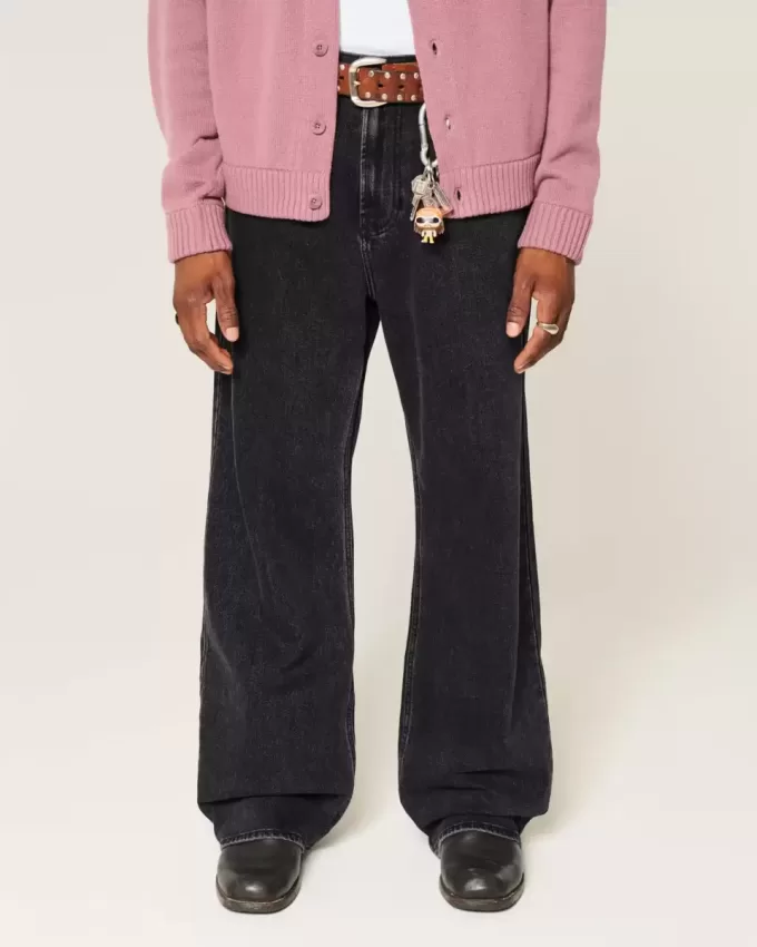 Blugi negri largi cu bootcut spălați Blugi negri largi cu bootcut spălați