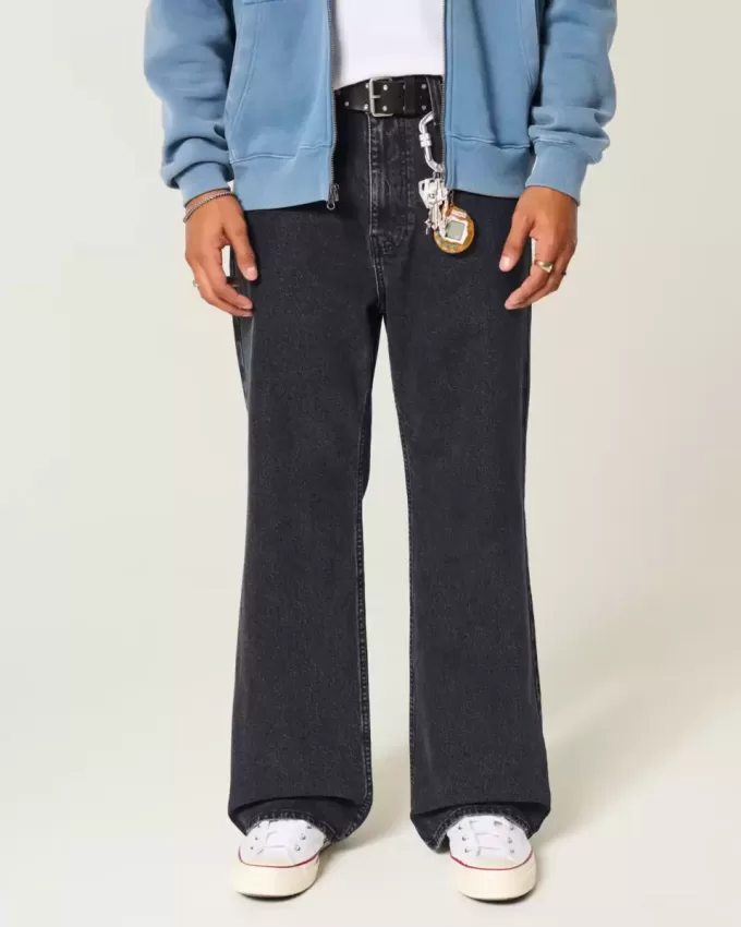 Blugi negri largi cu bootcut spălați Blugi negri largi cu bootcut spălați