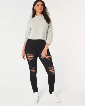 Blugi negri super skinny cu talie înaltă și curbați