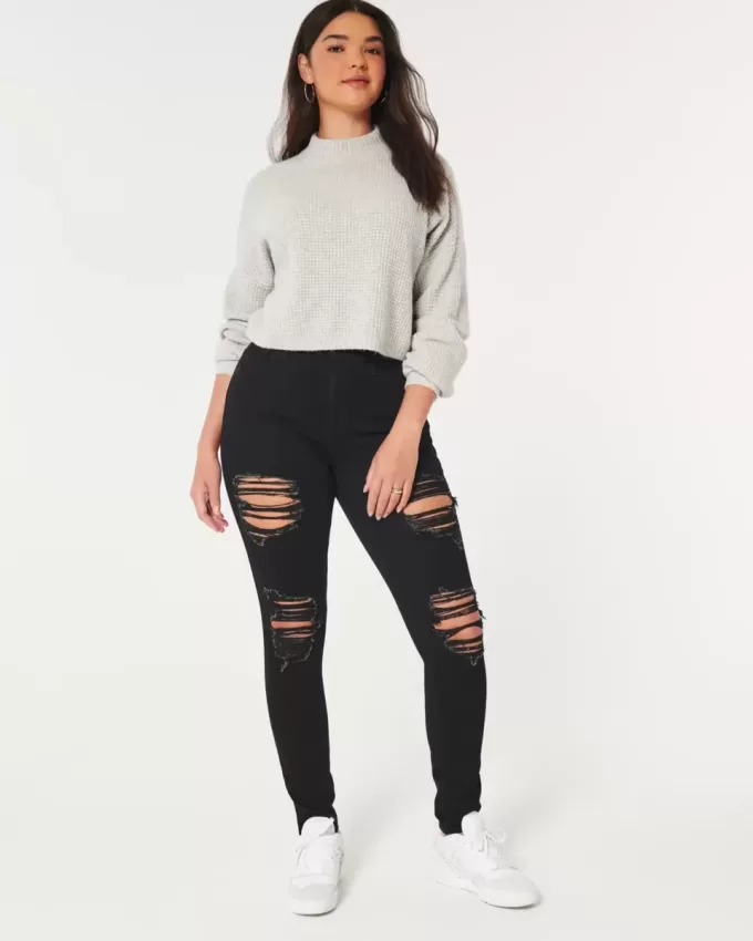 Blugi negri super skinny cu talie înaltă și curbați Blugi negri super skinny cu talie înaltă și curbați
