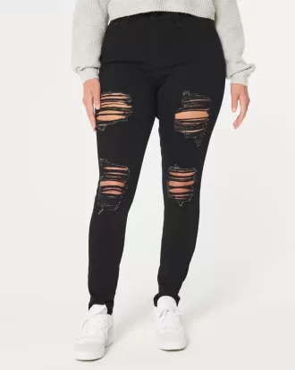 Blugi negri super skinny cu talie înaltă și curbați