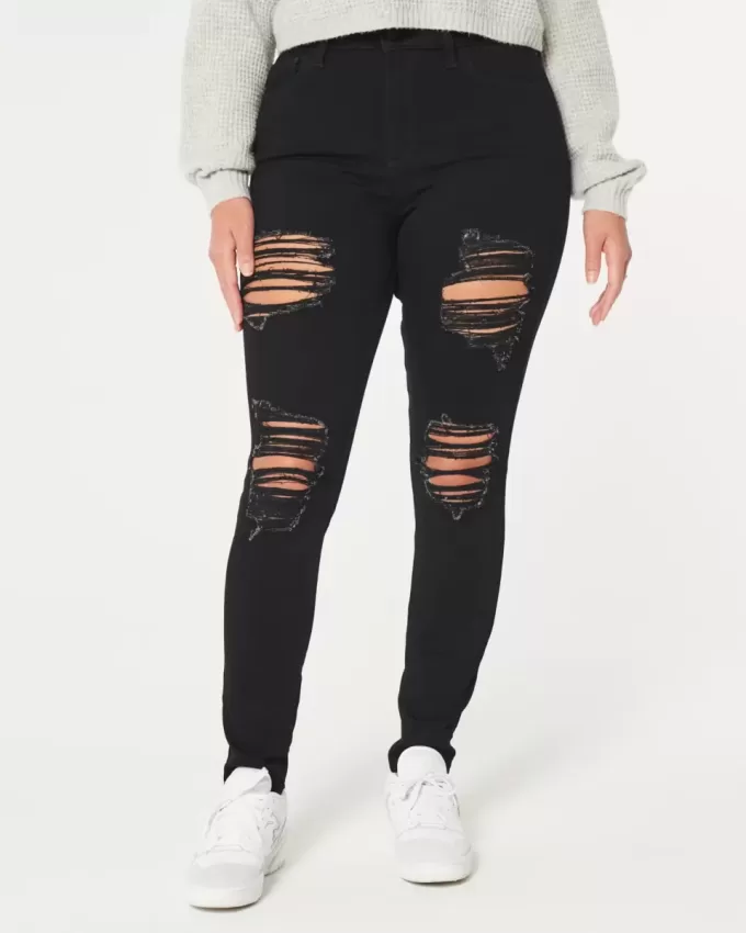 Blugi negri super skinny cu talie înaltă și curbați Blugi negri super skinny cu talie înaltă și curbați
