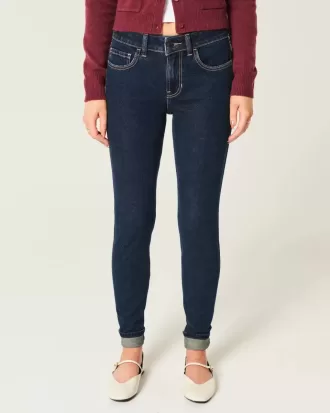 Blugi skinny cu talie medie, cu spalare inchisa