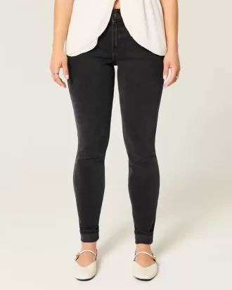 Blugi skinny negri, cu talie mijlocie, spalati
