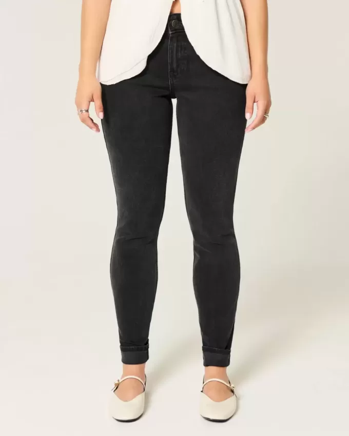 Blugi skinny negri, cu talie mijlocie, spalati Blugi skinny negri, cu talie mijlocie, spalati