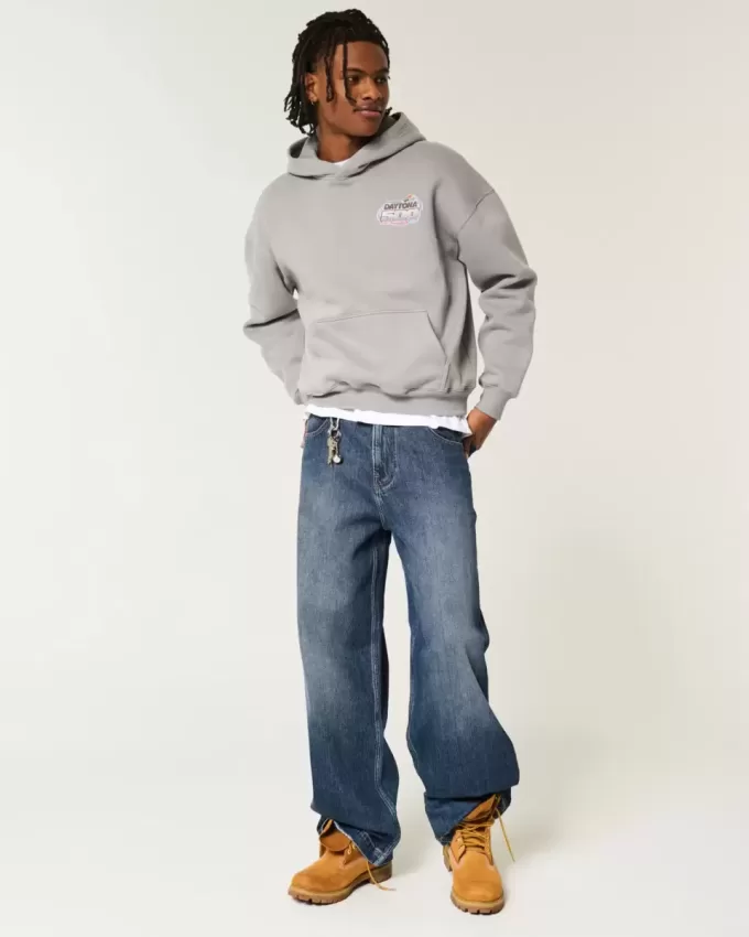 Blugi super largi cu broderie logo-ul Dark Wash Blugi super largi cu broderie logo-ul Dark Wash