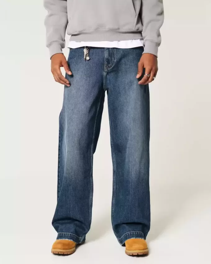 Blugi super largi cu broderie logo-ul Dark Wash Blugi super largi cu broderie logo-ul Dark Wash