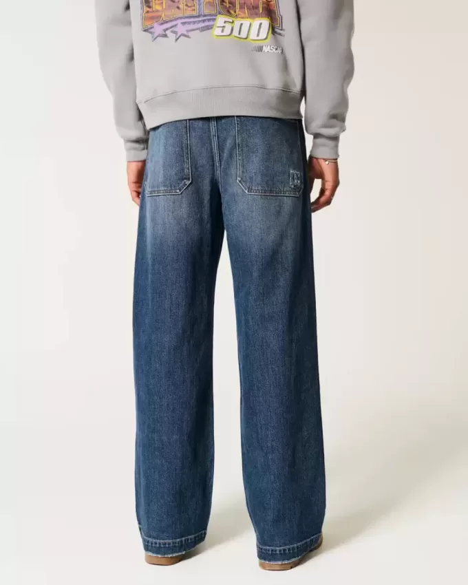Blugi super largi cu broderie logo-ul Dark Wash Blugi super largi cu broderie logo-ul Dark Wash