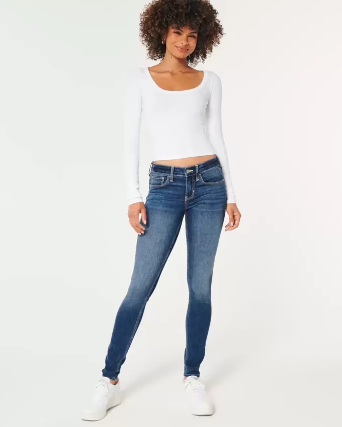 Blugi super skinny, cu talie joasă, spalat la culoare închisă Blugi super skinny, cu talie joasă, spalat la culoare închisă