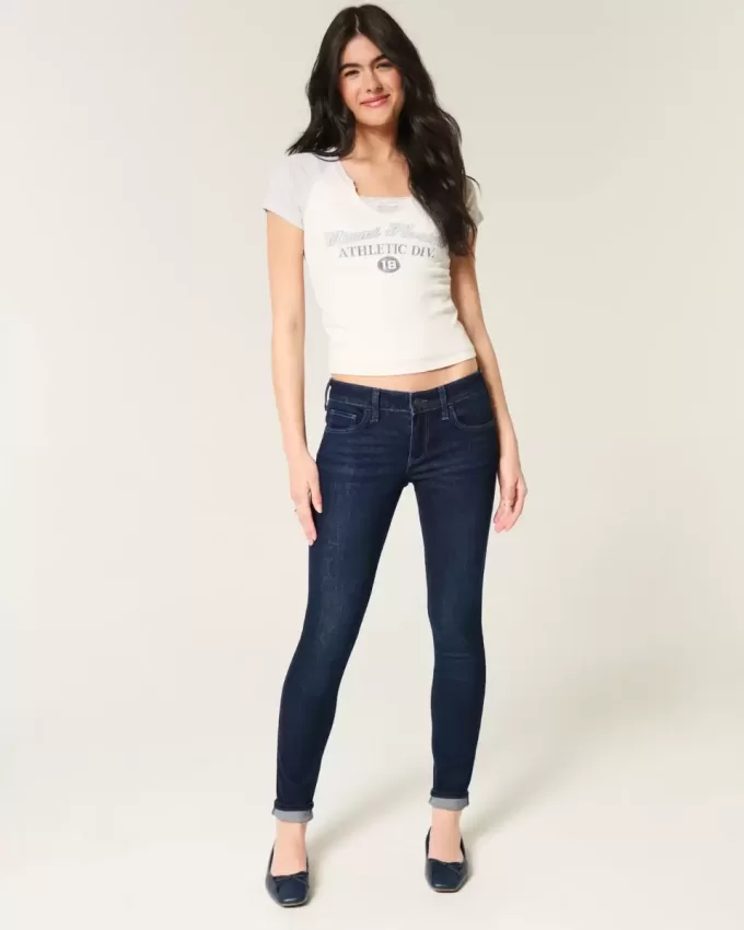 Blugi super skinny, cu talie joasă, spalat la culoare închisă Blugi super skinny, cu talie joasă, spalat la culoare închisă