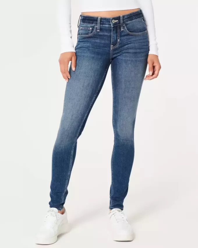 Blugi super skinny, cu talie joasă, spalat la culoare închisă Blugi super skinny, cu talie joasă, spalat la culoare închisă