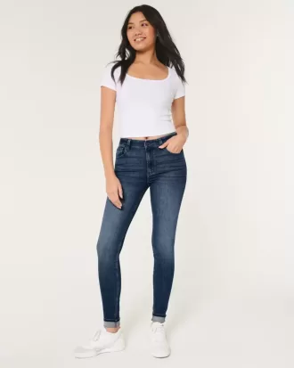 Blugi super skinny cu talie mare cu spalare medie