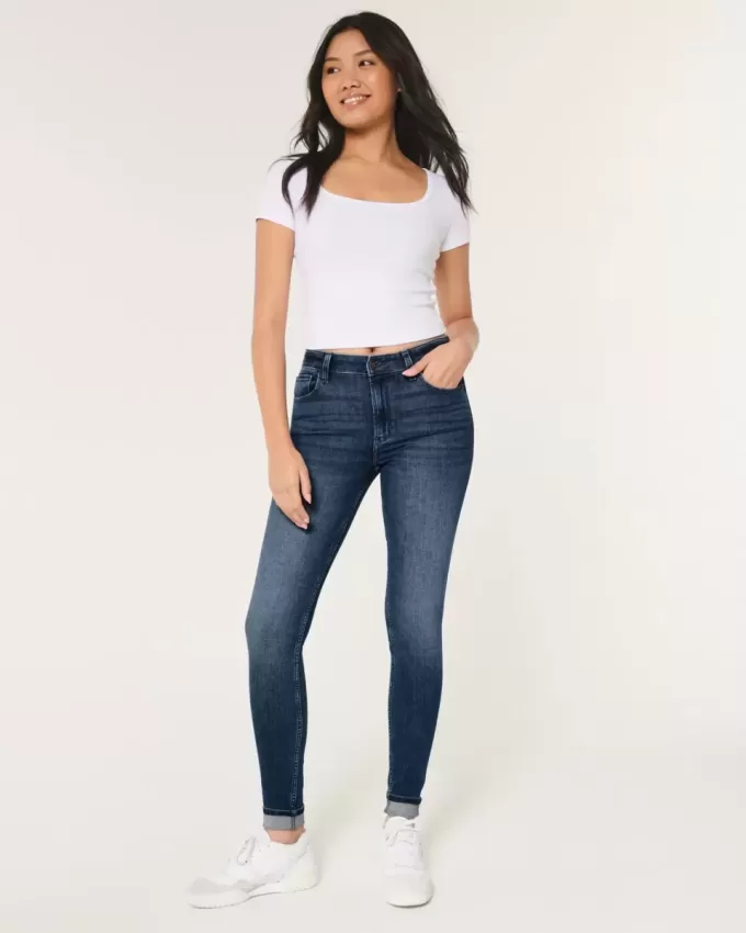 Blugi super skinny cu talie mare cu spalare medie Blugi super skinny cu talie mare cu spalare medie