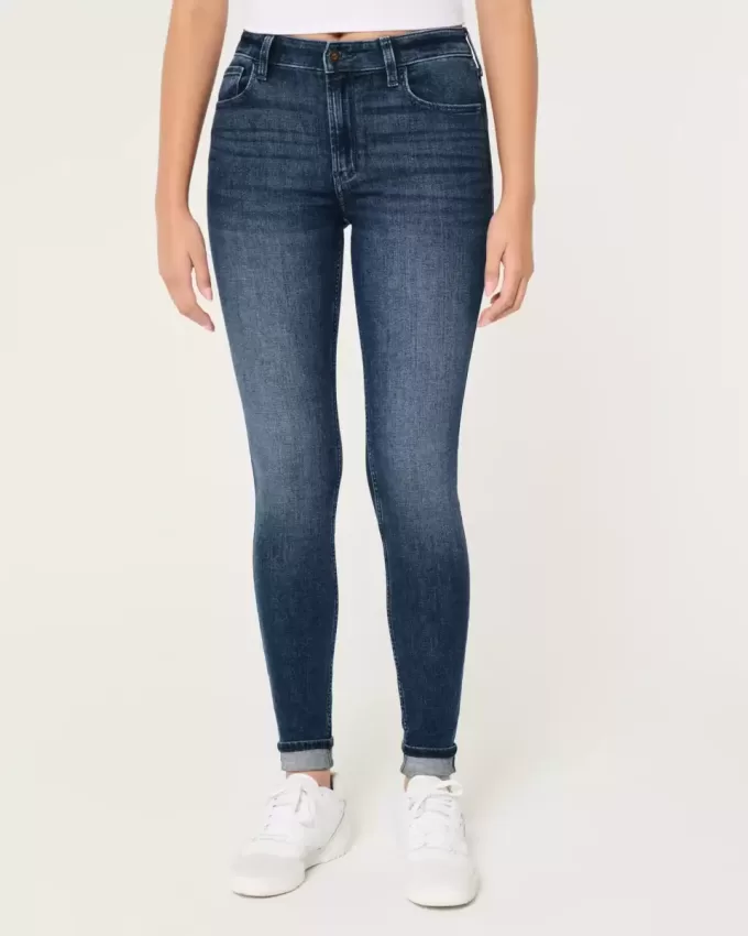 Blugi super skinny cu talie mare cu spalare medie Blugi super skinny cu talie mare cu spalare medie