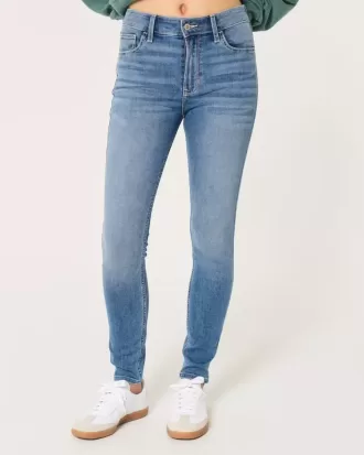 Blugi super skinny cu talie mare cu spalare medie
