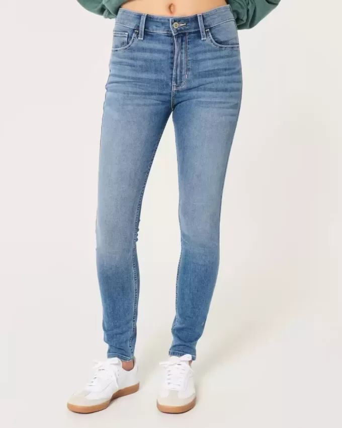 Blugi super skinny cu talie mare cu spalare medie Blugi super skinny cu talie mare cu spalare medie