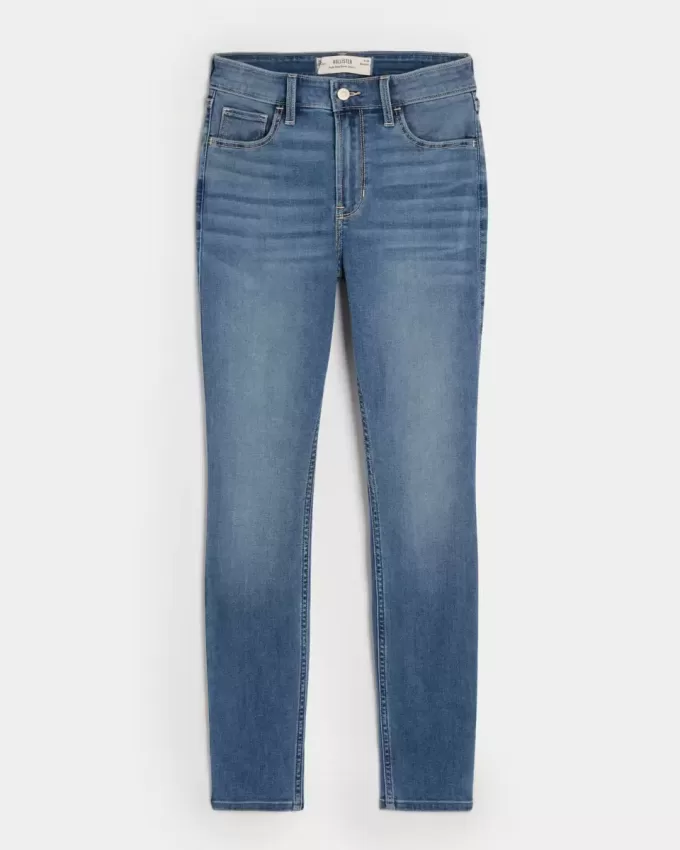 Blugi super skinny cu talie mare cu spalare medie Blugi super skinny cu talie mare cu spalare medie