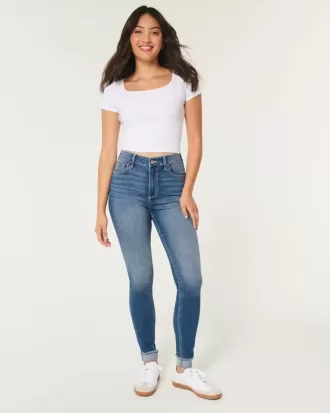 Blugi super skinny cu talie înaltă, cu spalare medie