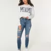 Blugi super skinny, cu talie înaltă, rupte, cu spălare medie Blugi super skinny, cu talie înaltă, rupte, cu spălare medie