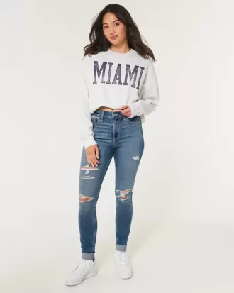Blugi super skinny, cu talie înaltă, rupte, cu spălare medie