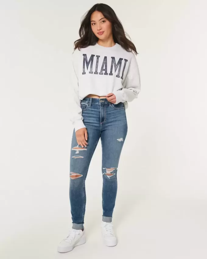 Blugi super skinny, cu talie înaltă, rupte, cu spălare medie Blugi super skinny, cu talie înaltă, rupte, cu spălare medie