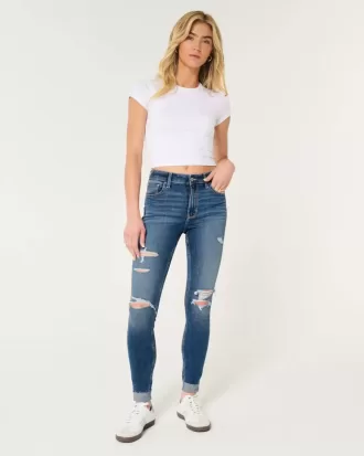 Blugi super skinny cu talie înaltă, rupte, cu spălare medie