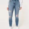 Blugi super skinny, cu talie înaltă, rupte, cu spălare medie Blugi super skinny, cu talie înaltă, rupte, cu spălare medie