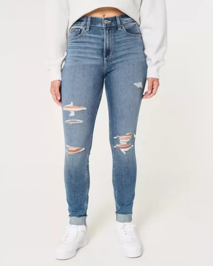 Blugi super skinny, cu talie înaltă, rupte, cu spălare medie Blugi super skinny, cu talie înaltă, rupte, cu spălare medie