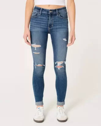 Blugi super skinny cu talie înaltă, rupte, cu spălare medie