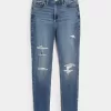 Blugi super skinny, cu talie înaltă, rupte, cu spălare medie Blugi super skinny, cu talie înaltă, rupte, cu spălare medie
