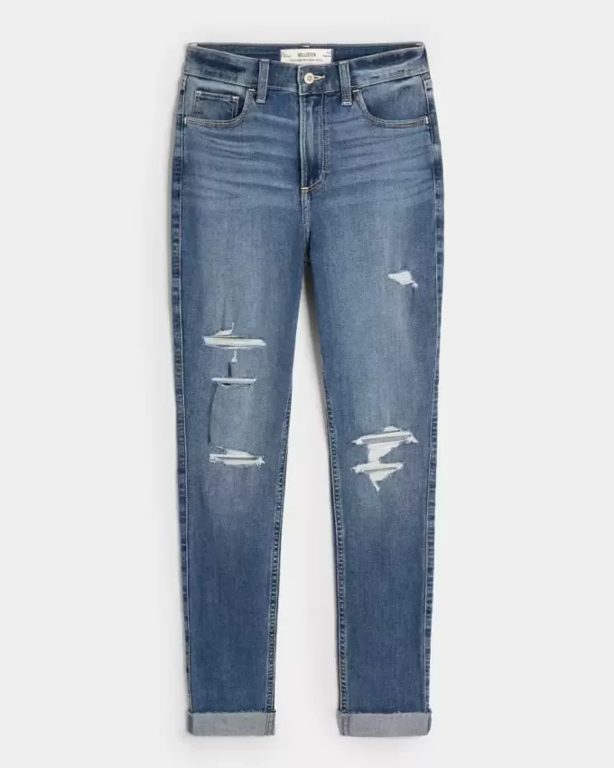 Blugi super skinny, cu talie înaltă, rupte, cu spălare medie Blugi super skinny, cu talie înaltă, rupte, cu spălare medie