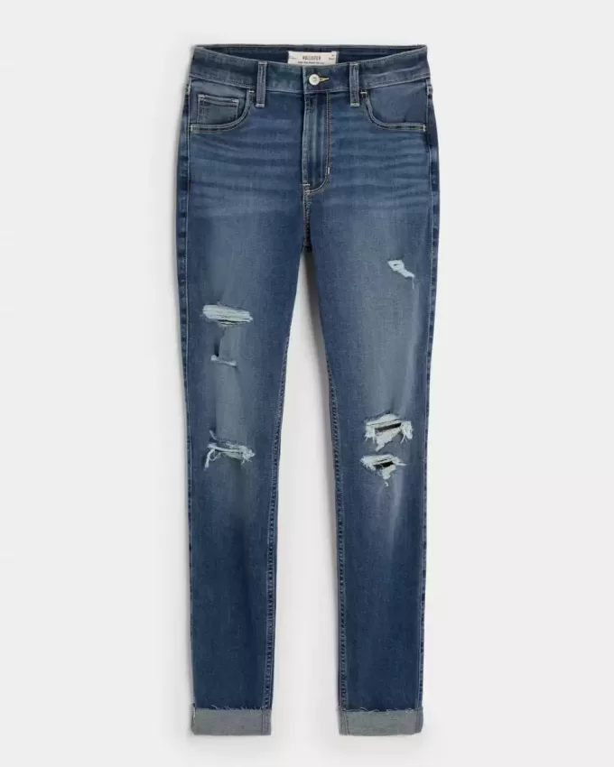 Blugi super skinny cu talie înaltă, rupte, cu spălare medie Blugi super skinny cu talie înaltă, rupte, cu spălare medie