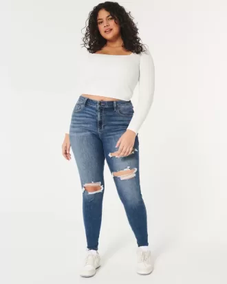 Blugi super skinny, cu talie înaltă, rupte, decolorate