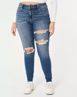 Blugi super skinny, cu talie înaltă, rupte, decolorate