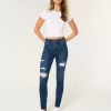 Blugi super skinny cu talie înaltă, rupte, spălate la culoare Blugi super skinny cu talie înaltă, rupte, spălate la culoare