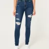 Blugi super skinny cu talie înaltă, rupte, spălate la culoare Blugi super skinny cu talie înaltă, rupte, spălate la culoare