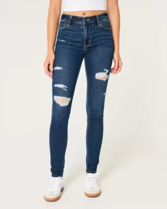 Blugi super skinny cu talie înaltă, rupte, spălate la culoare