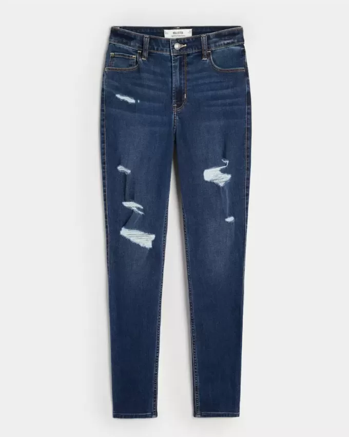 Blugi super skinny cu talie înaltă, rupte, spălate la culoare Blugi super skinny cu talie înaltă, rupte, spălate la culoare